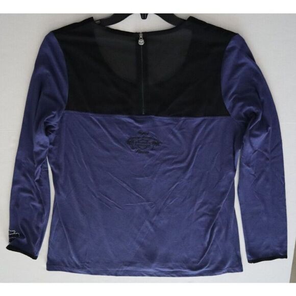 Harley-Davidson Women's Sz 2XL Blue/Black L/S Chiffon Scoop Neck Back Zip Blouse - Picture 7 of 10
